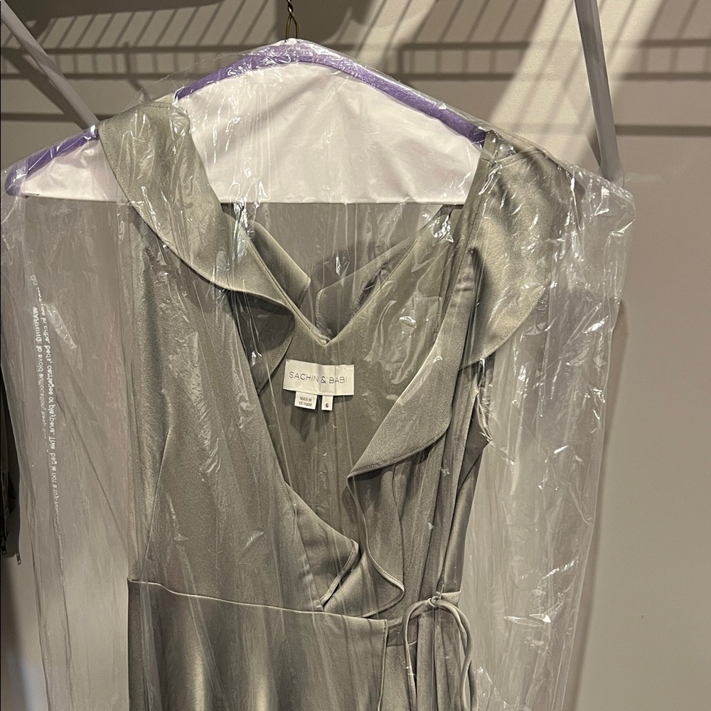 Sachin + Babi - Bridesmaid Satin Wrap Dress with Ruffle Trim Size 6